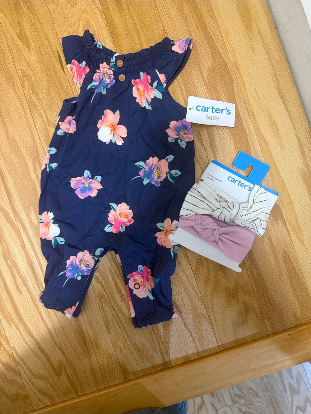 Carter's Navy Floral Girls Romper with Pink Accents